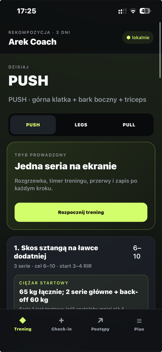 Dokładny ekran aplikacji Arek Coach z planem treningowym PUSH