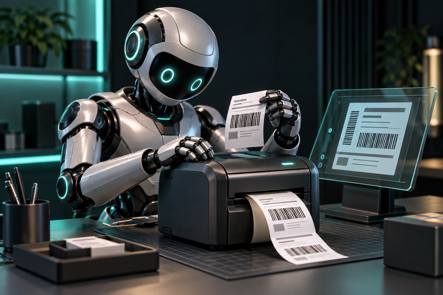 Robot tworzy etykiety z kodami kreskowymi przy nowoczesnej drukarce